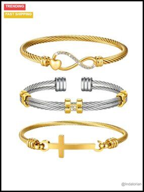 14K Gold Plated Stainless Steel Bracelet Set 3-Piece Stackable Jewelry